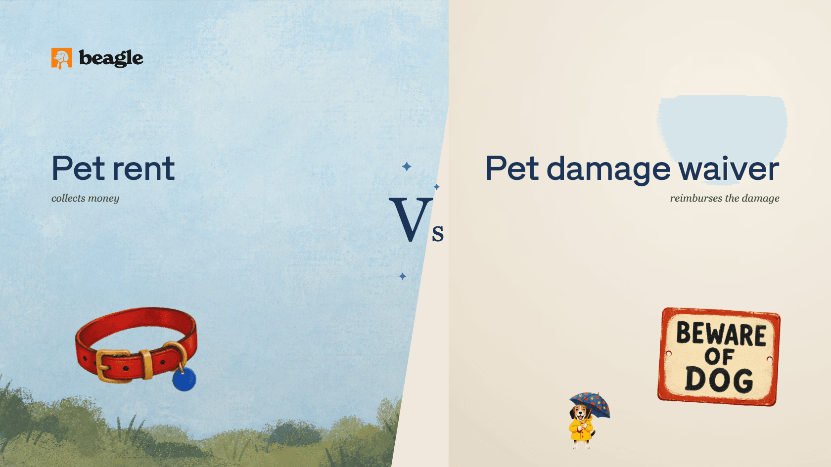 A beagle sitting beside a scratched apartment door, under the words Pet rent versus Pet damage waiver